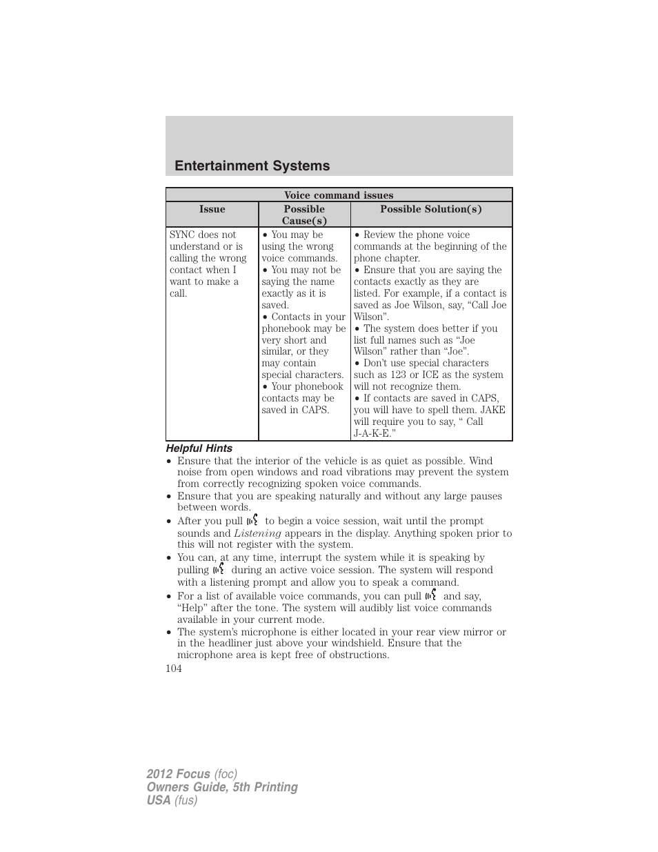Helpful hints, Entertainment systems | FORD 2012 Focus v.5 User Manual | Page 104 / 407