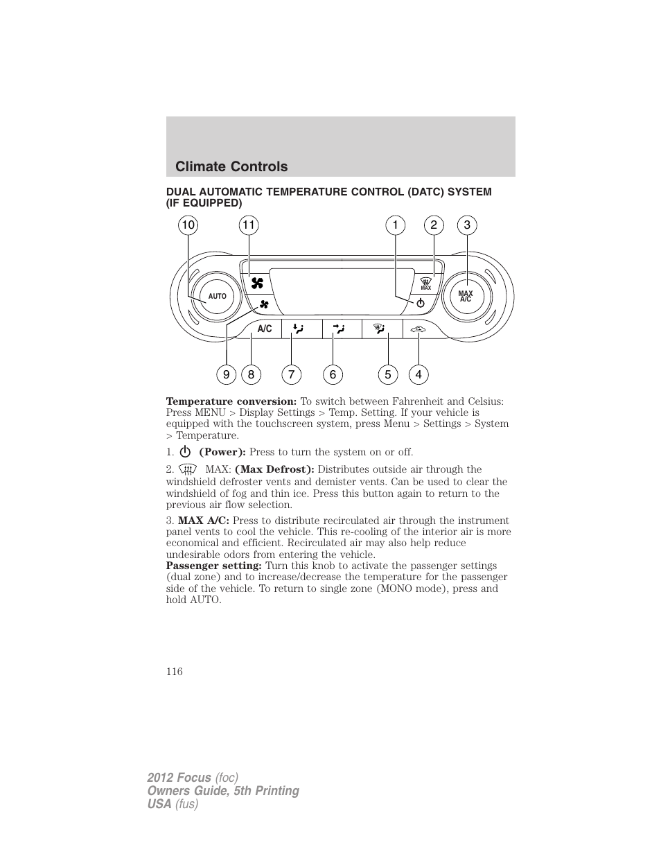 Climate controls | FORD 2012 Focus v.5 User Manual | Page 116 / 407