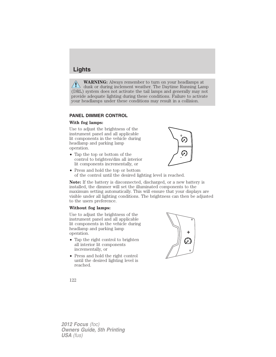 Panel dimmer control, Lights | FORD 2012 Focus v.5 User Manual | Page 122 / 407
