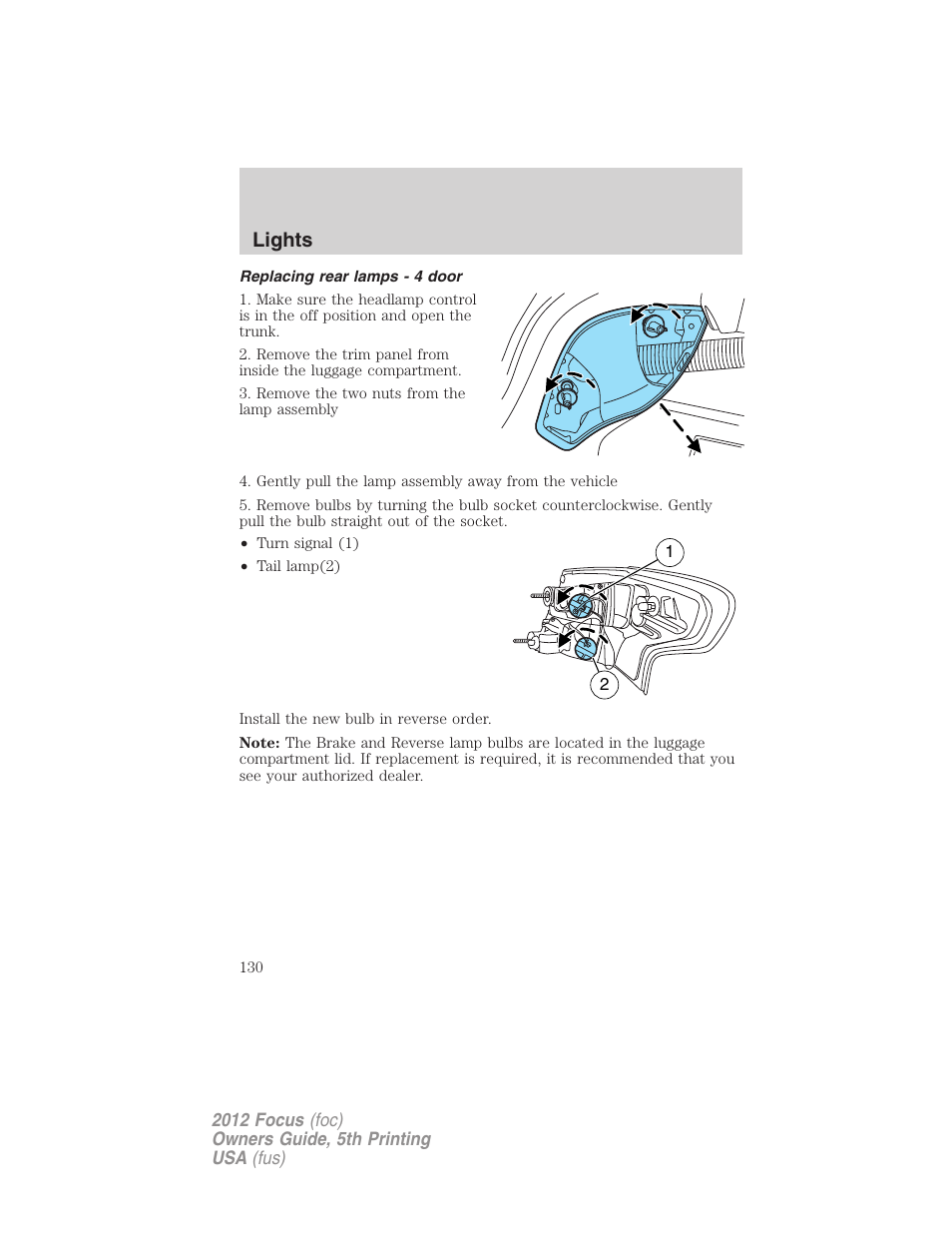 Replacing rear lamps - 4 door, Lights | FORD 2012 Focus v.5 User Manual | Page 130 / 407