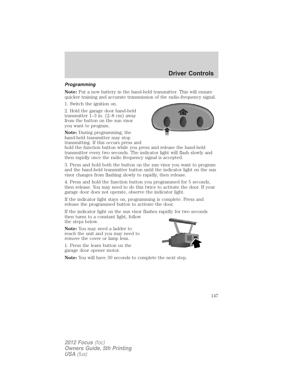 Programming, Driver controls | FORD 2012 Focus v.5 User Manual | Page 147 / 407