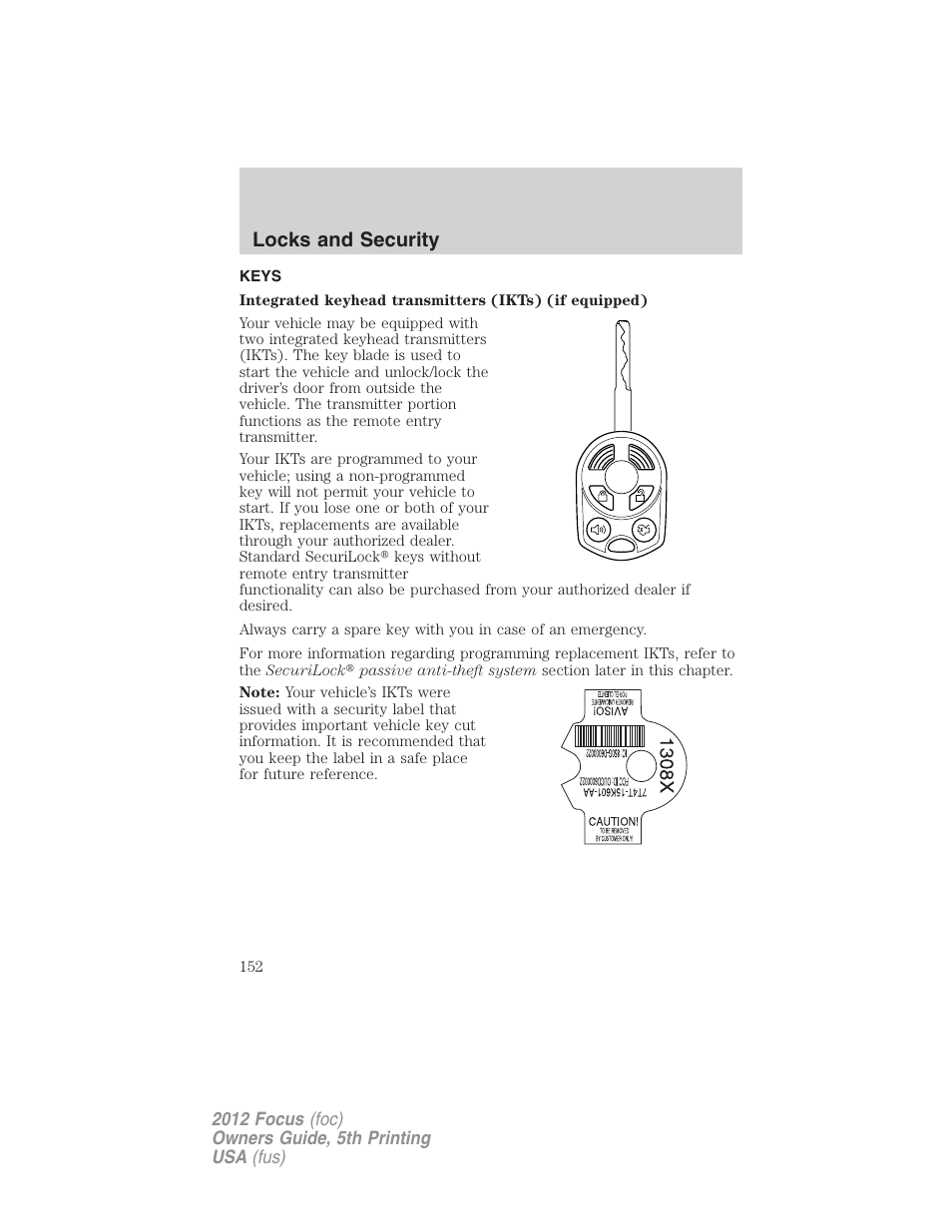 Locks and security, Keys | FORD 2012 Focus v.5 User Manual | Page 152 / 407
