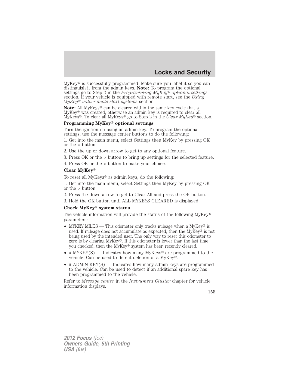 Locks and security | FORD 2012 Focus v.5 User Manual | Page 155 / 407
