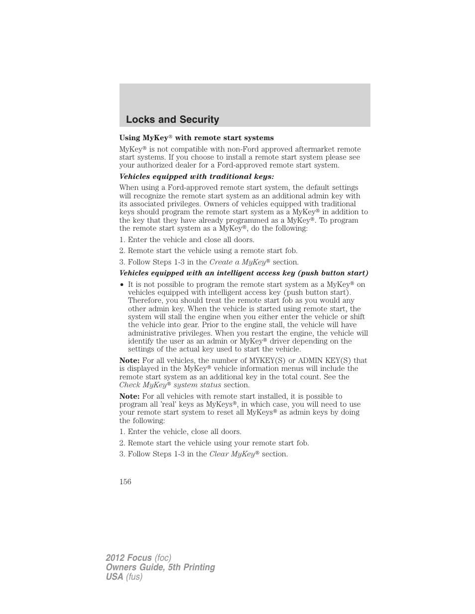 Locks and security | FORD 2012 Focus v.5 User Manual | Page 156 / 407