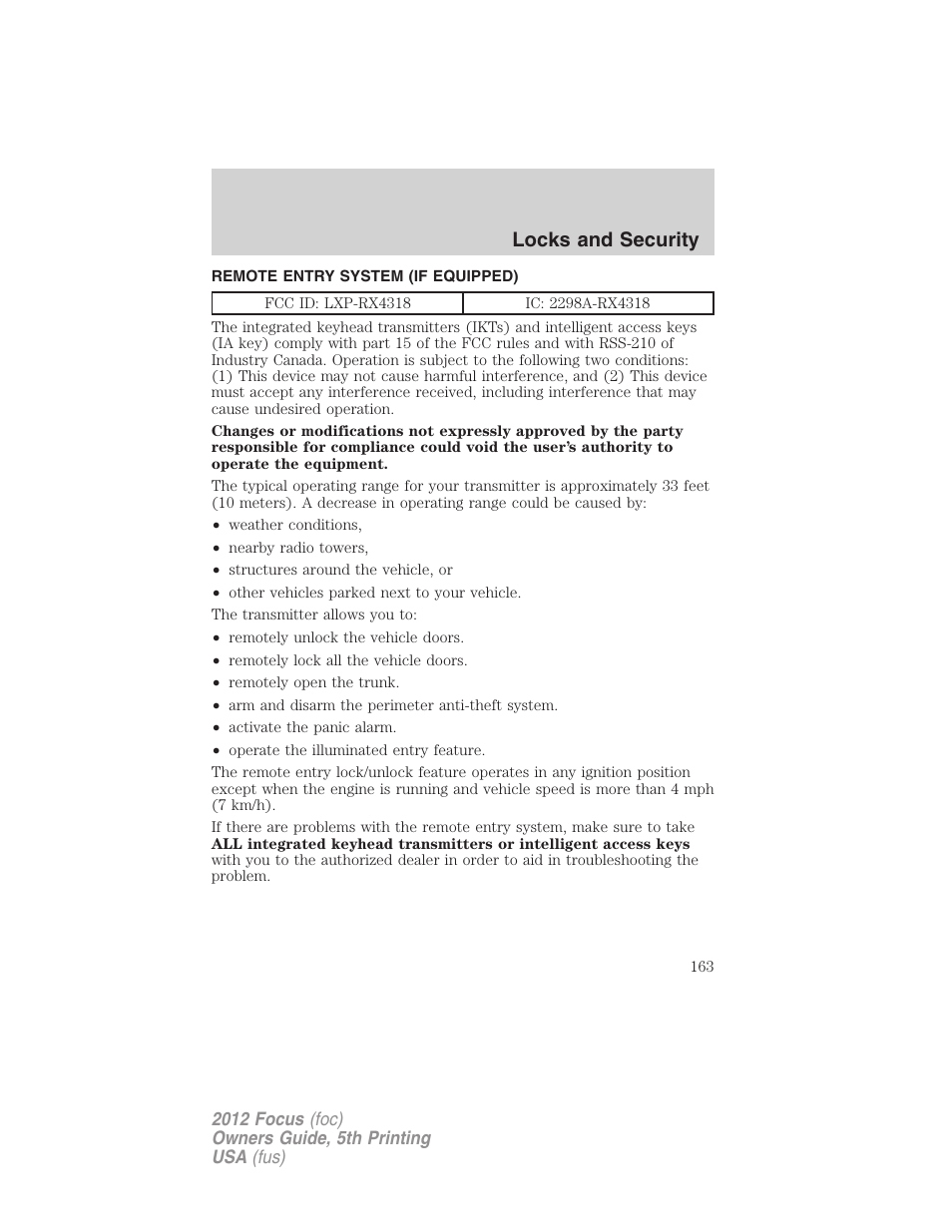 Remote entry system (if equipped), Locks and security | FORD 2012 Focus v.5 User Manual | Page 163 / 407