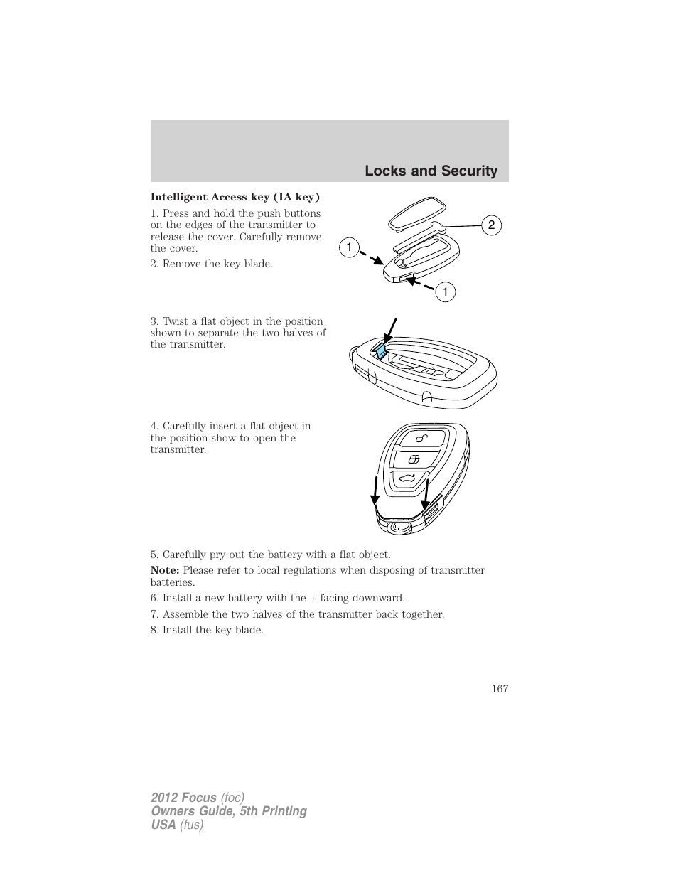 Locks and security | FORD 2012 Focus v.5 User Manual | Page 167 / 407