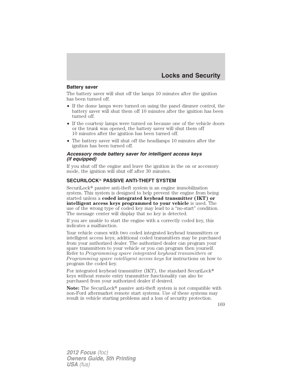 Battery saver, Securilock? passive anti-theft system, Anti-theft system | Locks and security | FORD 2012 Focus v.5 User Manual | Page 169 / 407