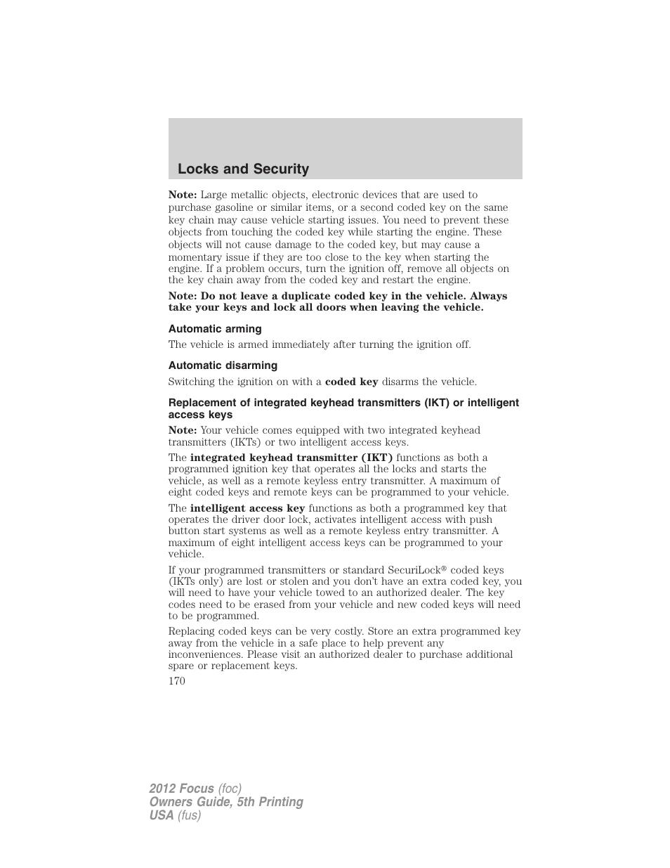 Automatic arming, Automatic disarming, Locks and security | FORD 2012 Focus v.5 User Manual | Page 170 / 407