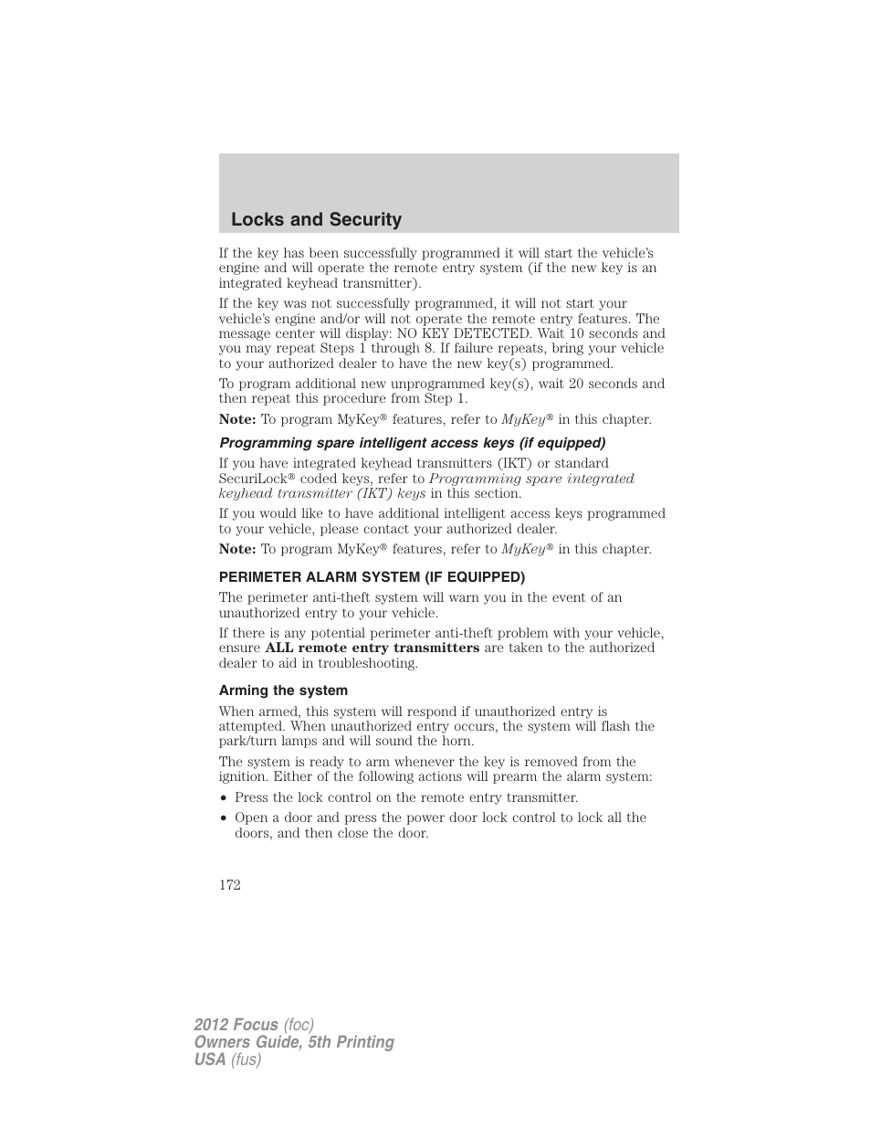 Perimeter alarm system (if equipped), Arming the system, Locks and security | FORD 2012 Focus v.5 User Manual | Page 172 / 407