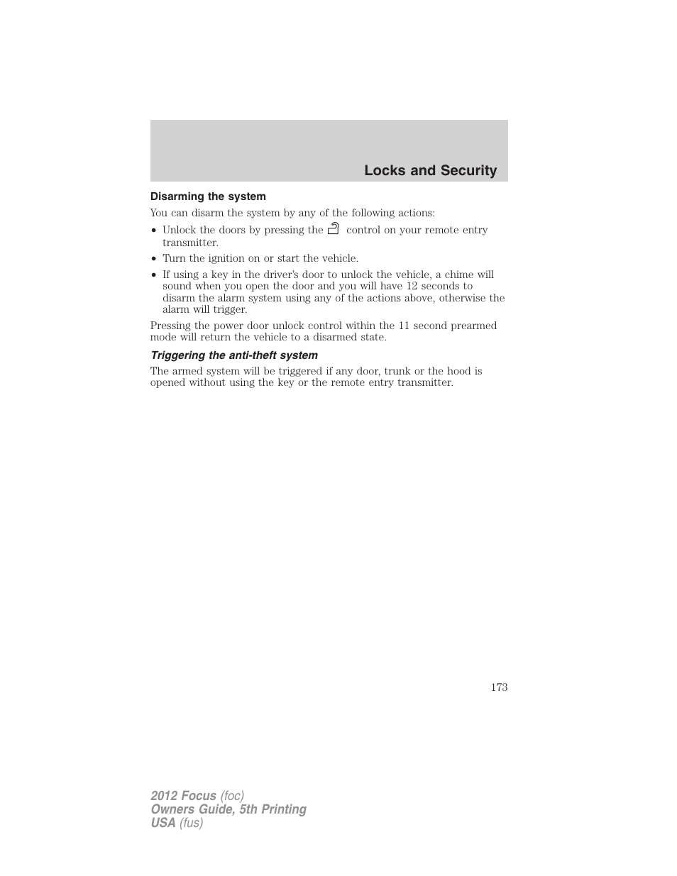Disarming the system, Triggering the anti-theft system, Locks and security | FORD 2012 Focus v.5 User Manual | Page 173 / 407