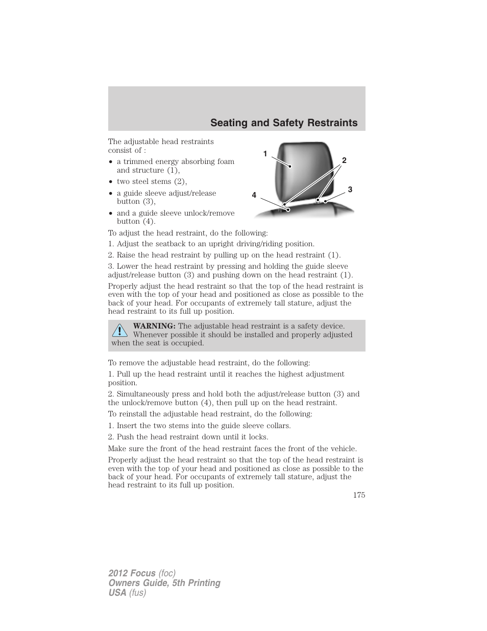 Seating and safety restraints | FORD 2012 Focus v.5 User Manual | Page 175 / 407