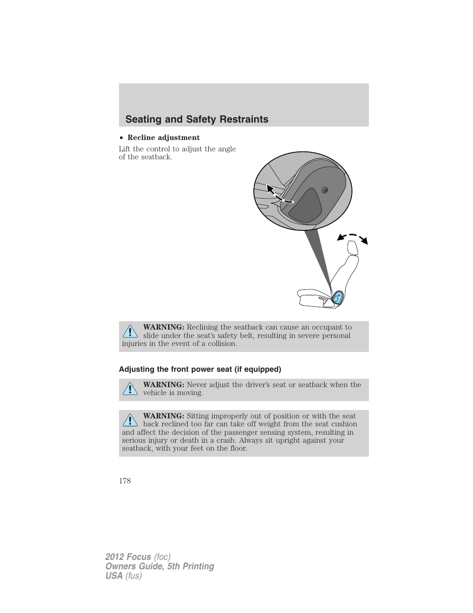 Adjusting the front power seat (if equipped), Seating and safety restraints | FORD 2012 Focus v.5 User Manual | Page 178 / 407