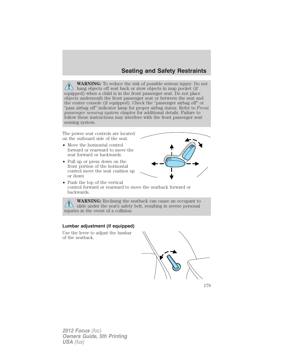 Lumbar adjustment (if equipped), Seating and safety restraints | FORD 2012 Focus v.5 User Manual | Page 179 / 407