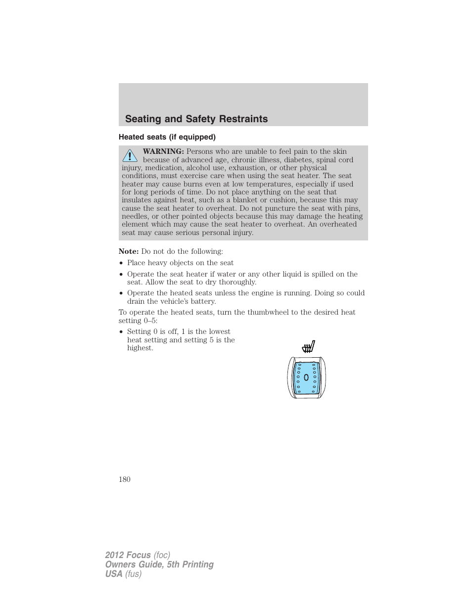 Heated seats (if equipped), Seating and safety restraints | FORD 2012 Focus v.5 User Manual | Page 180 / 407