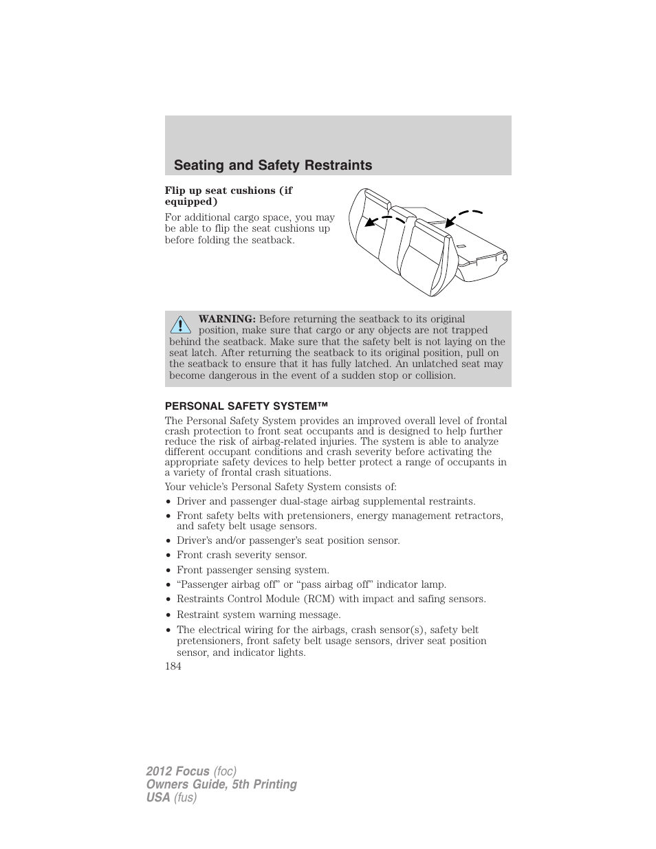 Personal safety system, Seating and safety restraints | FORD 2012 Focus v.5 User Manual | Page 184 / 407