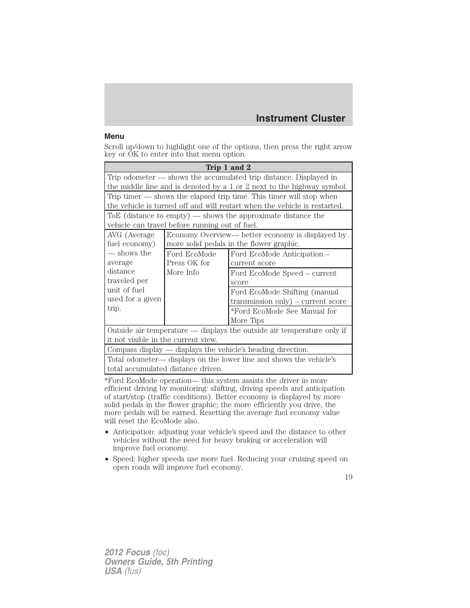 Menu, Instrument cluster | FORD 2012 Focus v.5 User Manual | Page 19 / 407