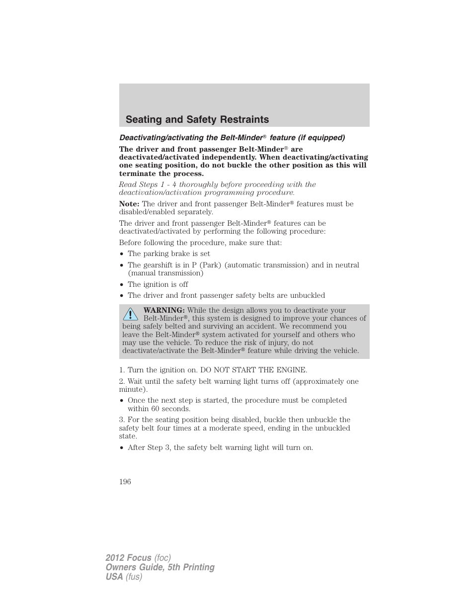 Seating and safety restraints | FORD 2012 Focus v.5 User Manual | Page 196 / 407