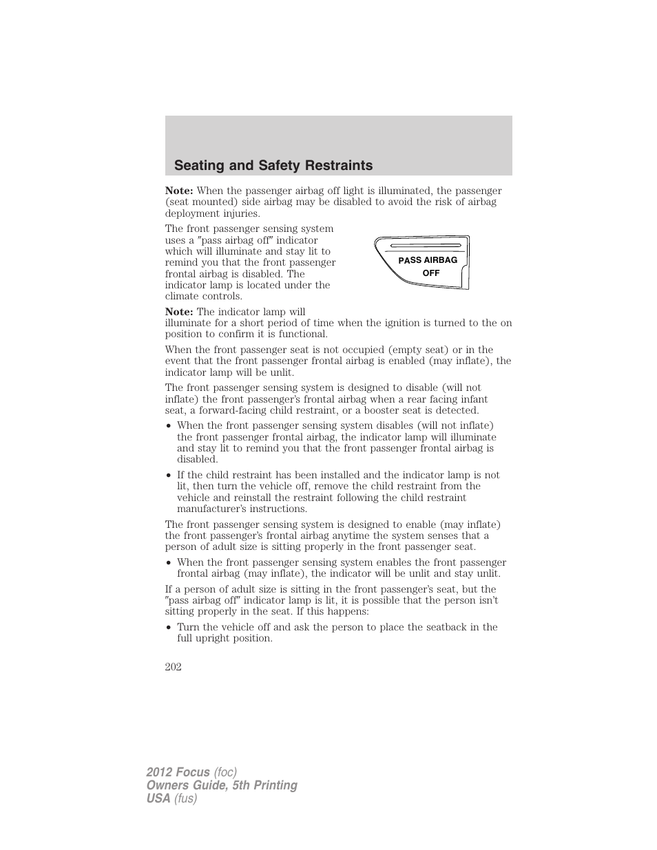 Seating and safety restraints | FORD 2012 Focus v.5 User Manual | Page 202 / 407