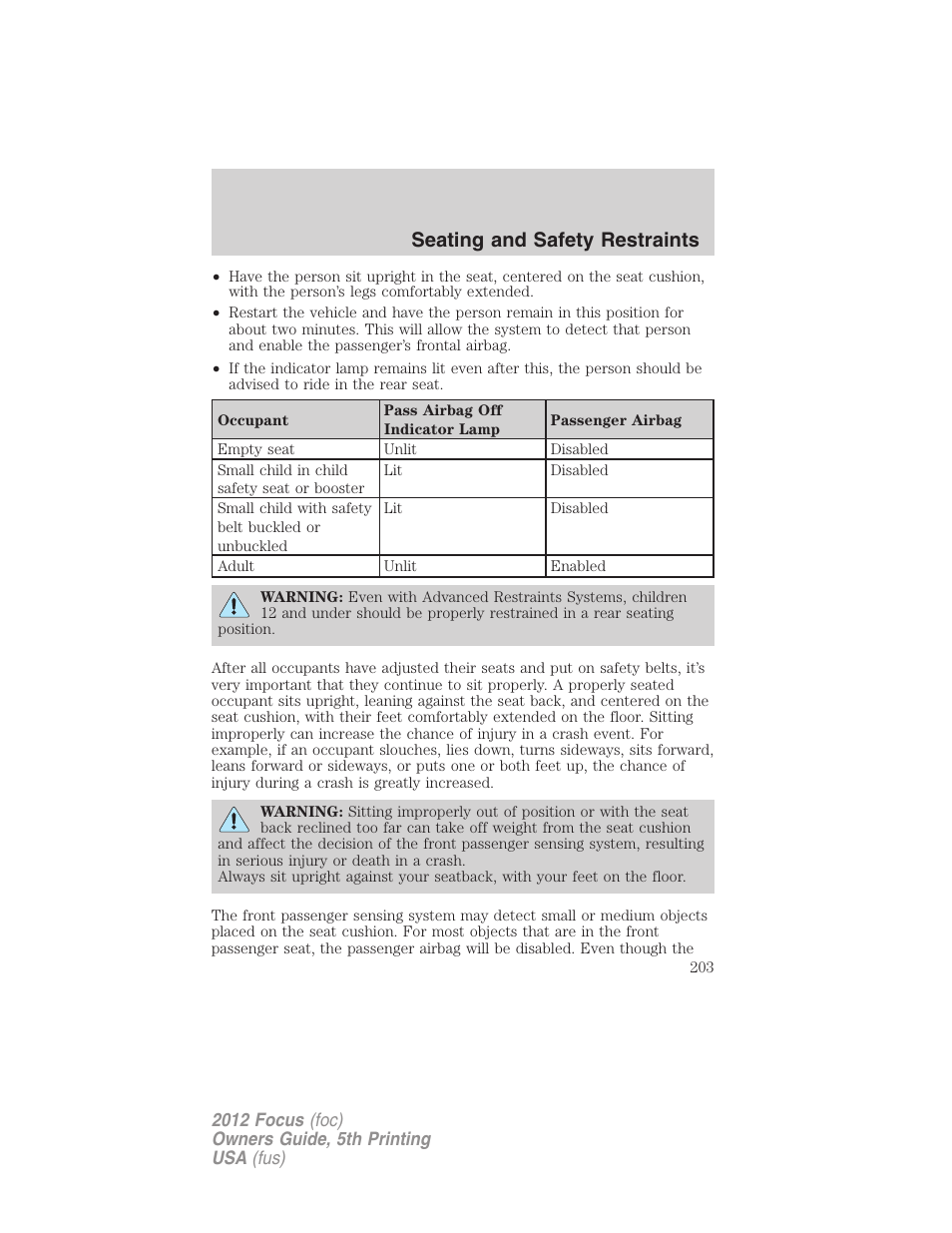 Seating and safety restraints | FORD 2012 Focus v.5 User Manual | Page 203 / 407