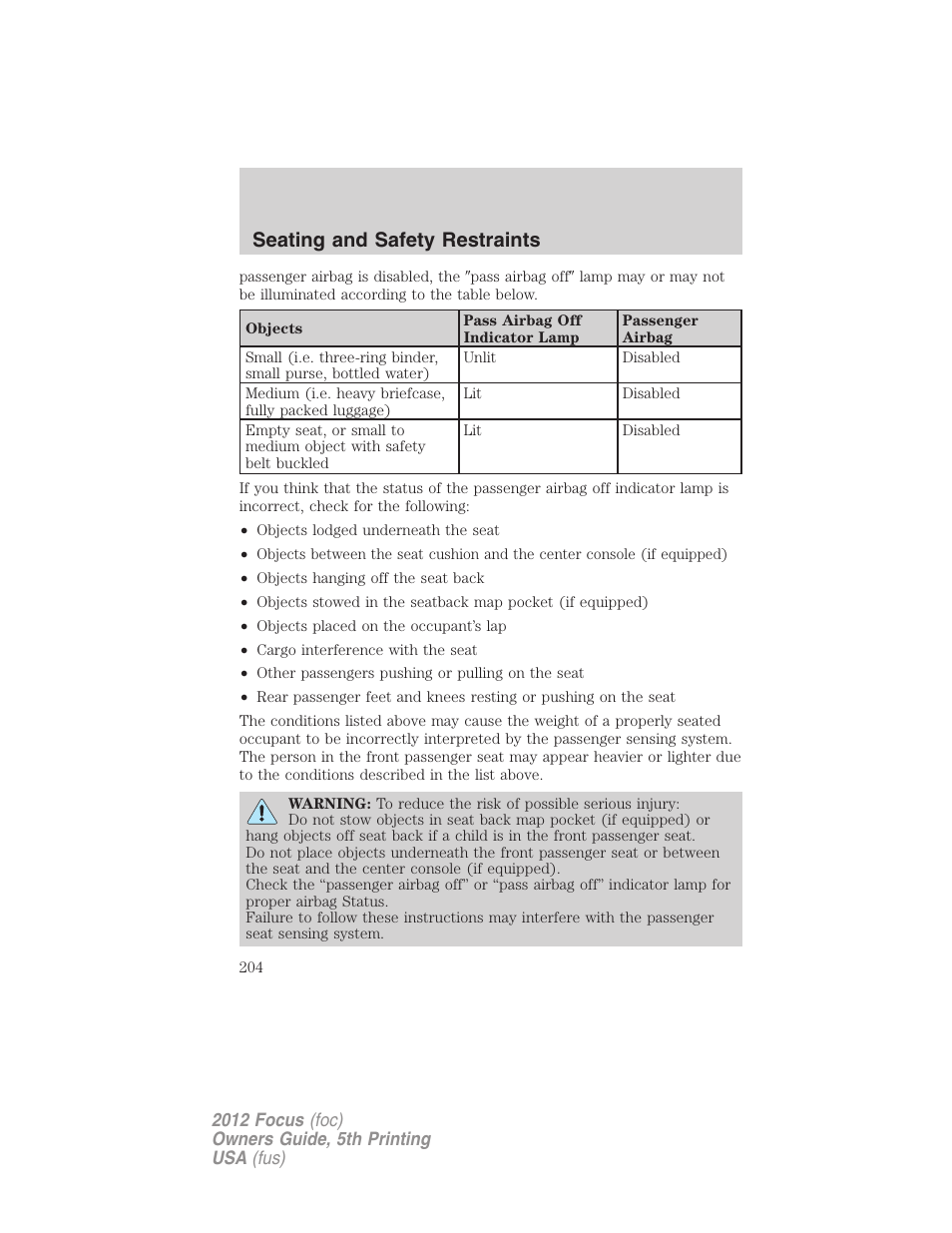 Seating and safety restraints | FORD 2012 Focus v.5 User Manual | Page 204 / 407