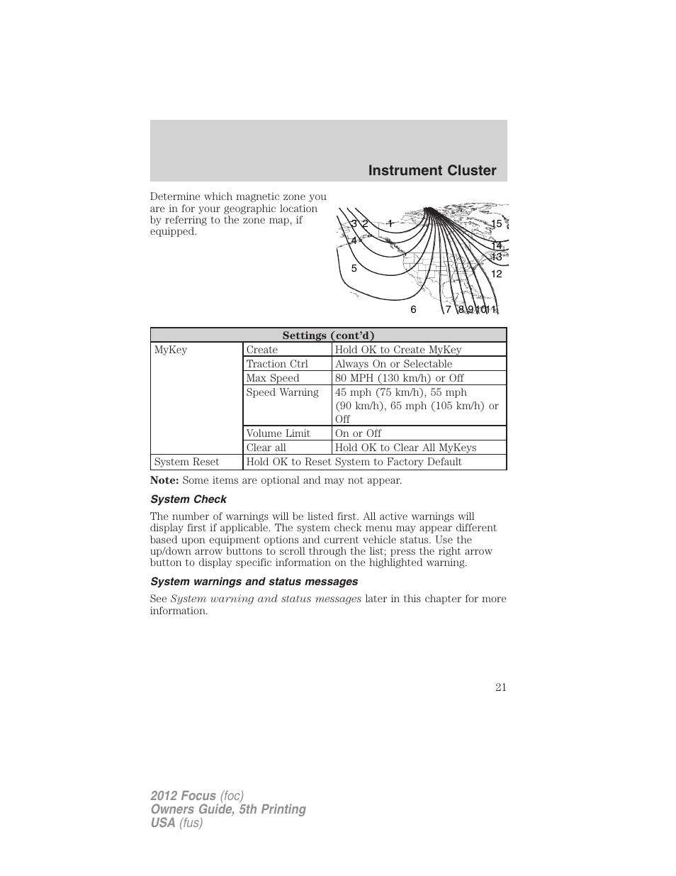 System check, System warnings and status messages, Instrument cluster | FORD 2012 Focus v.5 User Manual | Page 21 / 407