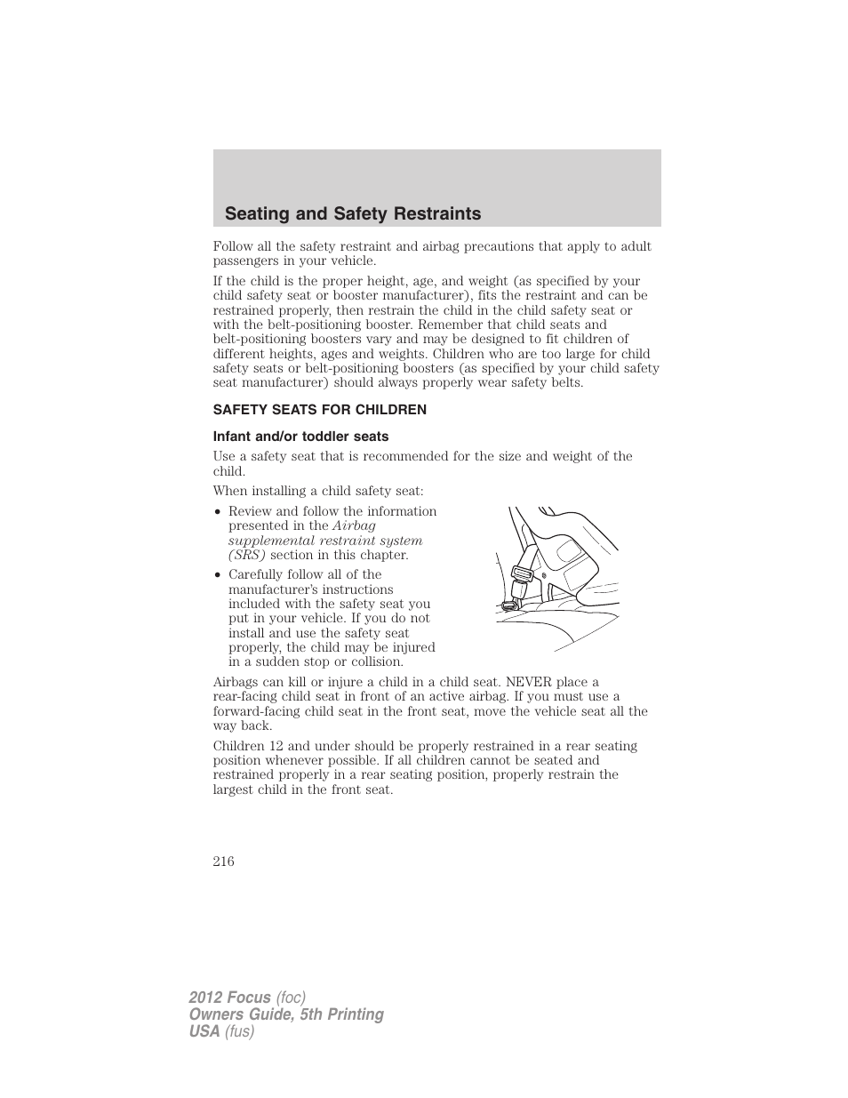 Safety seats for children, Infant and/or toddler seats, Seating and safety restraints | FORD 2012 Focus v.5 User Manual | Page 216 / 407