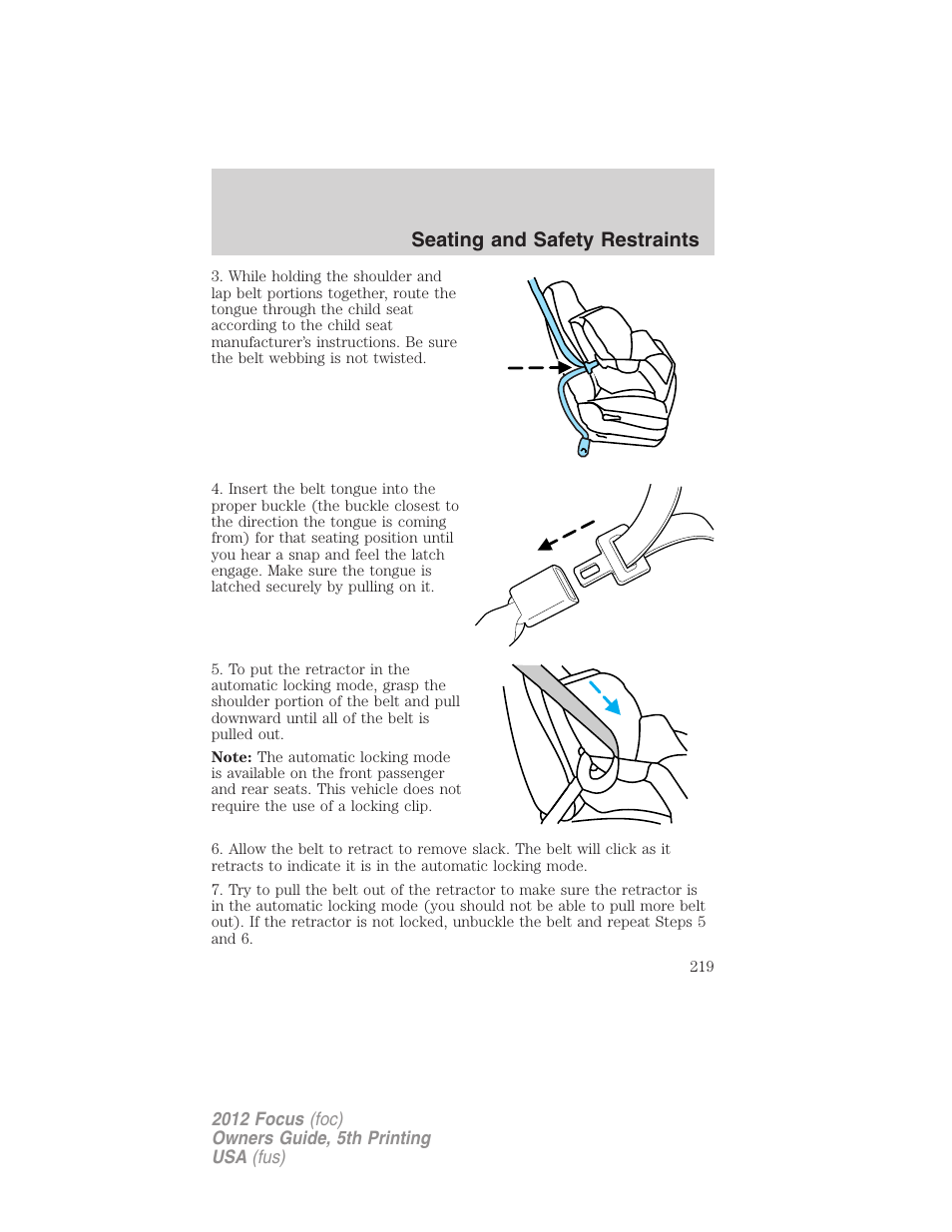 Seating and safety restraints | FORD 2012 Focus v.5 User Manual | Page 219 / 407