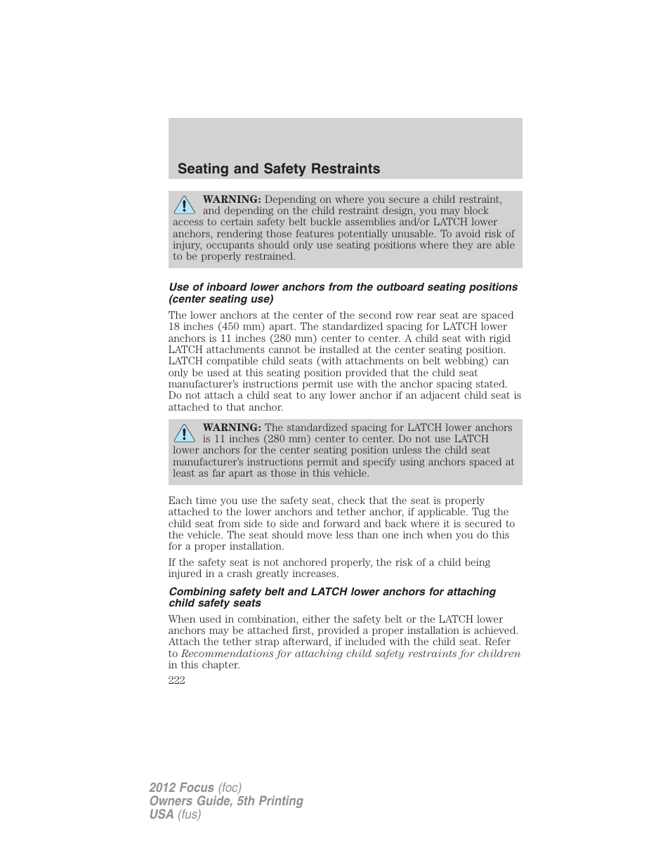 Seating and safety restraints | FORD 2012 Focus v.5 User Manual | Page 222 / 407