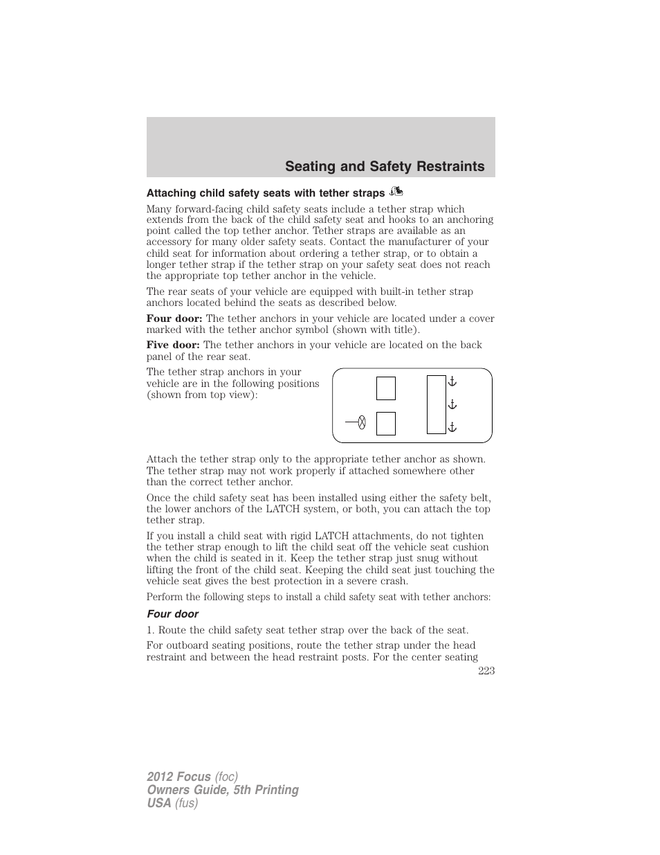 Attaching child safety seats with tether straps, Four door, Seating and safety restraints | FORD 2012 Focus v.5 User Manual | Page 223 / 407