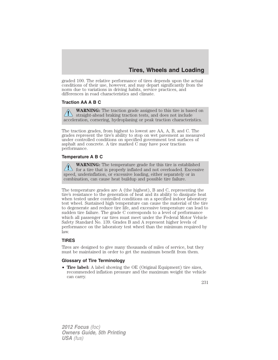 Traction aa a b c, Temperature a b c, Tires | Glossary of tire terminology, Tires, wheels and loading | FORD 2012 Focus v.5 User Manual | Page 231 / 407