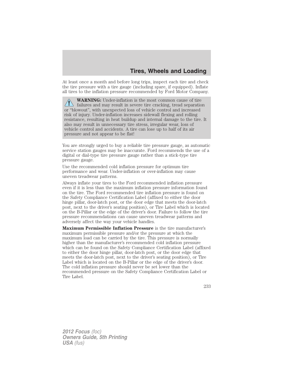 Tires, wheels and loading | FORD 2012 Focus v.5 User Manual | Page 233 / 407