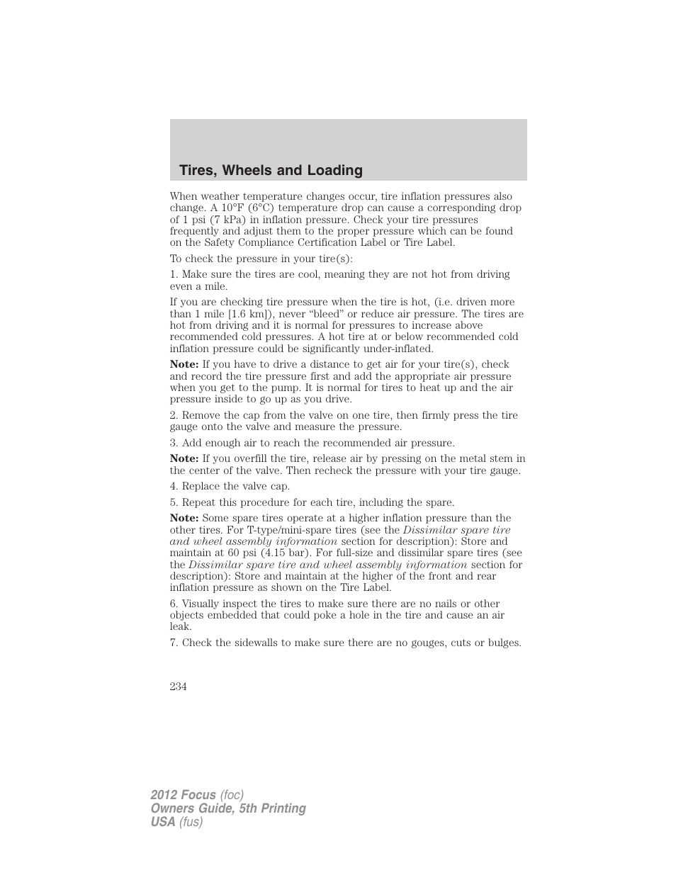 Tires, wheels and loading | FORD 2012 Focus v.5 User Manual | Page 234 / 407