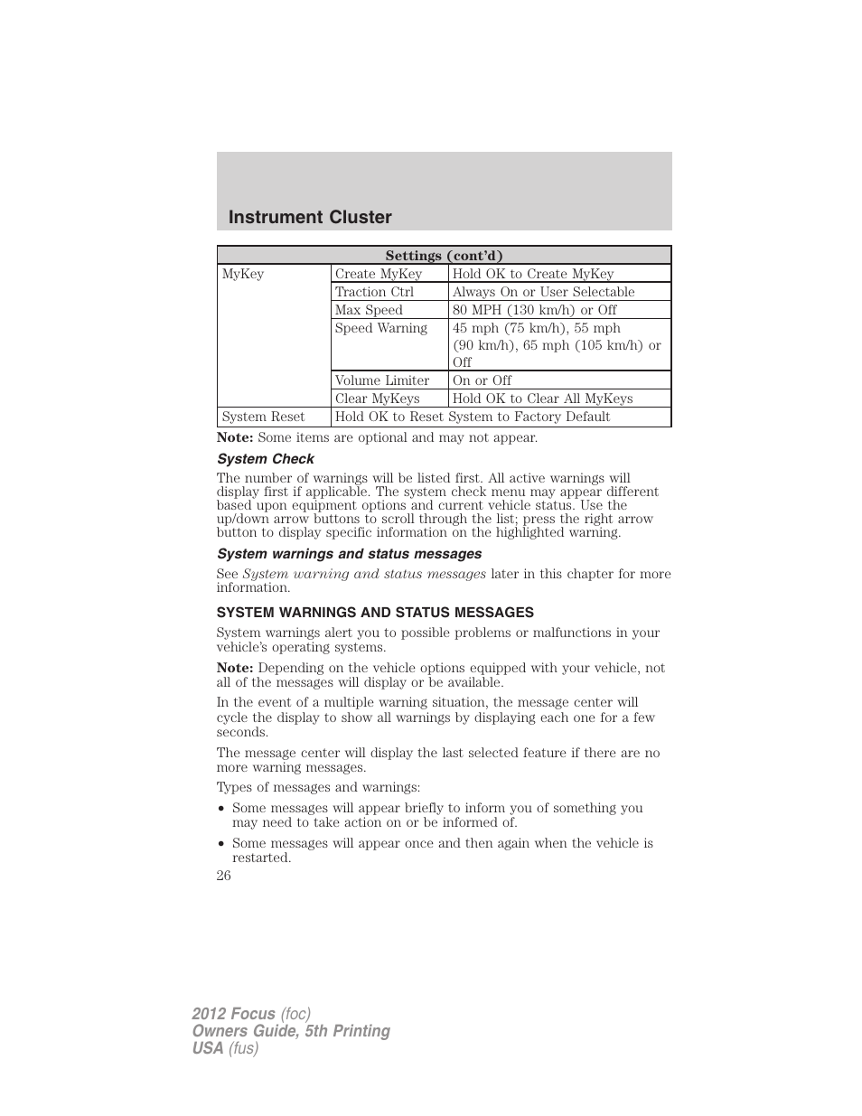 System check, System warnings and status messages, Instrument cluster | FORD 2012 Focus v.5 User Manual | Page 26 / 407