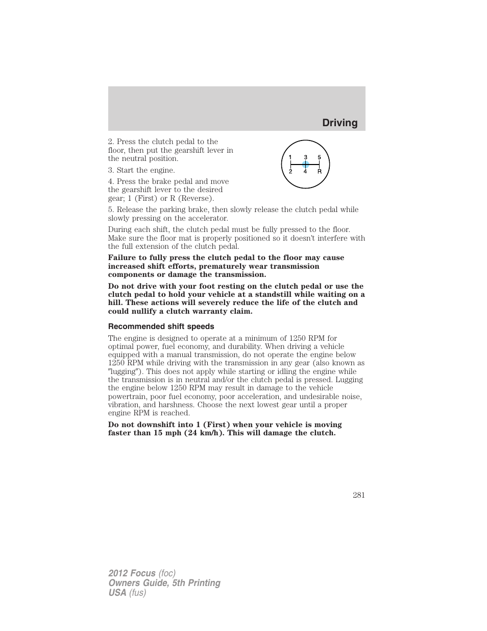 Recommended shift speeds, Driving | FORD 2012 Focus v.5 User Manual | Page 281 / 407