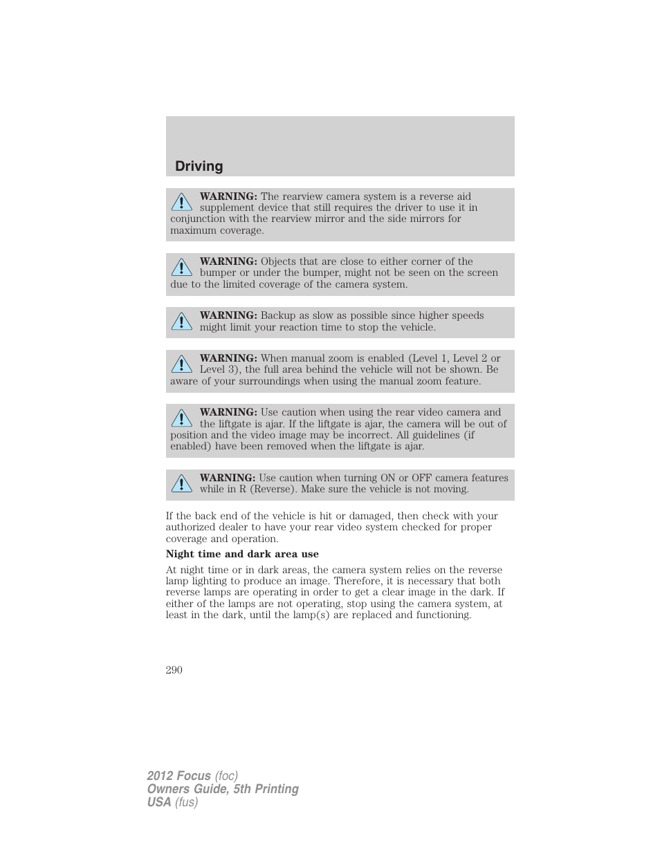 Driving | FORD 2012 Focus v.5 User Manual | Page 290 / 407