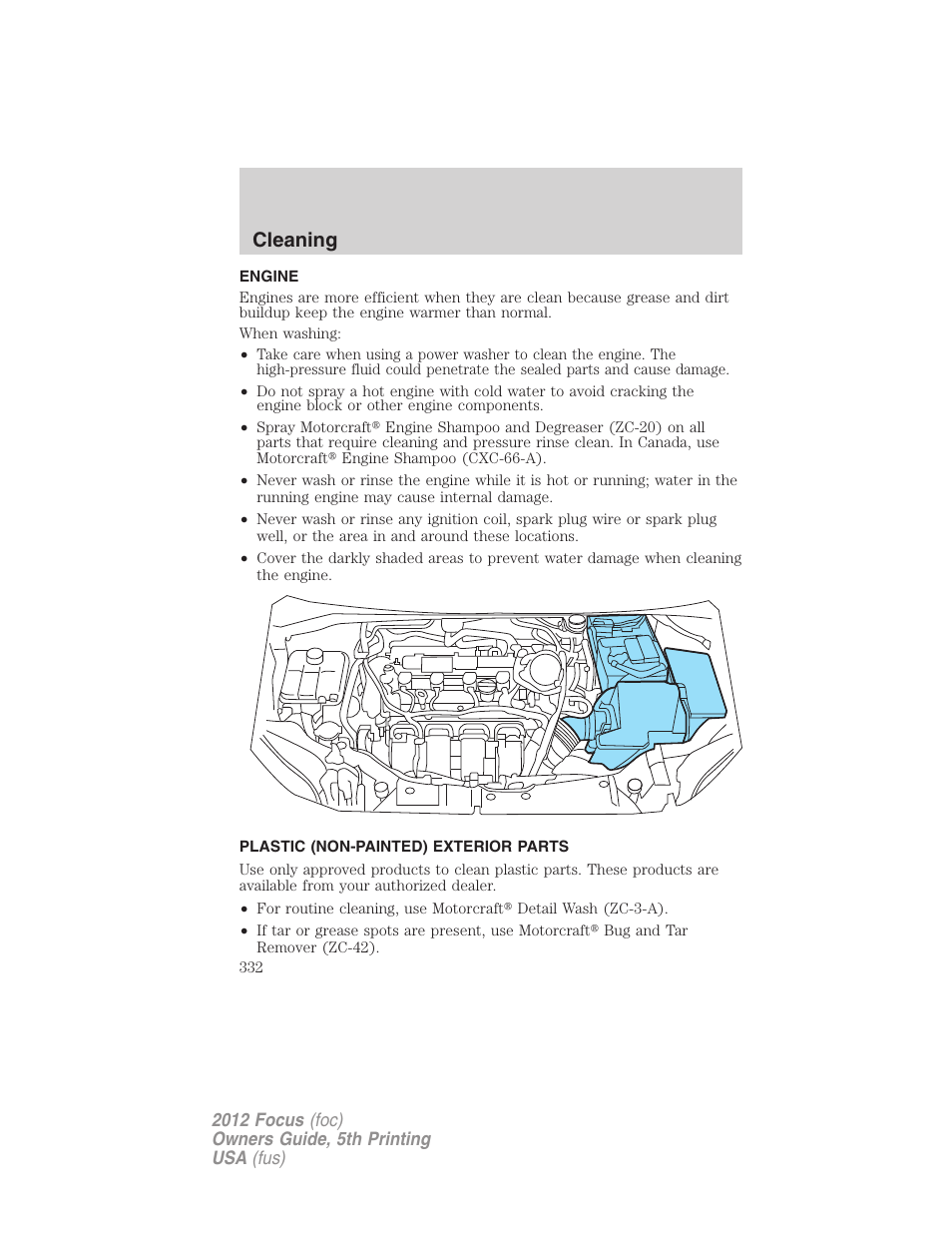 Engine, Plastic (non-painted) exterior parts, Cleaning | FORD 2012 Focus v.5 User Manual | Page 332 / 407