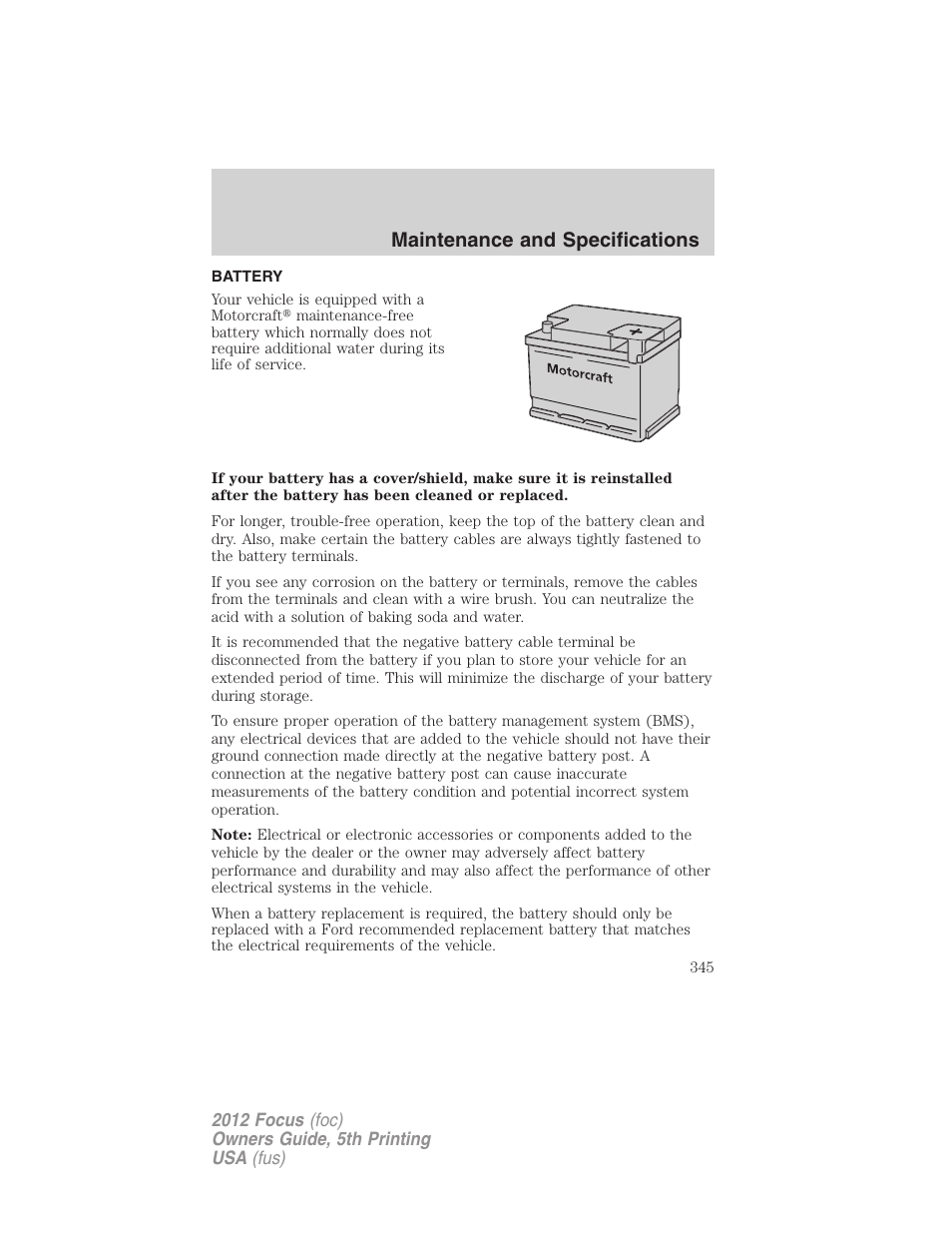 Battery, Maintenance and specifications | FORD 2012 Focus v.5 User Manual | Page 345 / 407