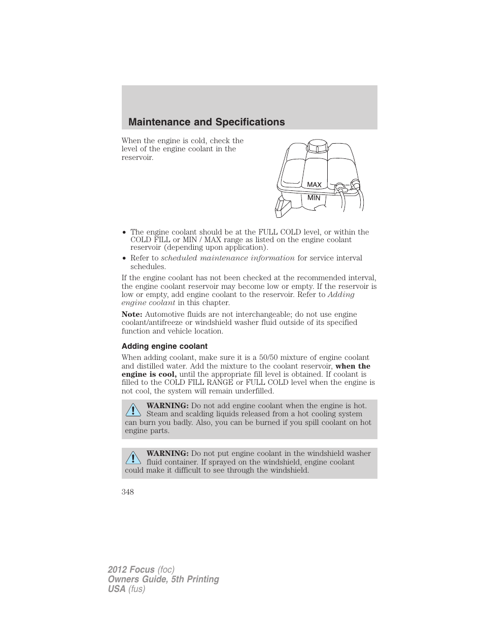 Adding engine coolant, Maintenance and specifications | FORD 2012 Focus v.5 User Manual | Page 348 / 407