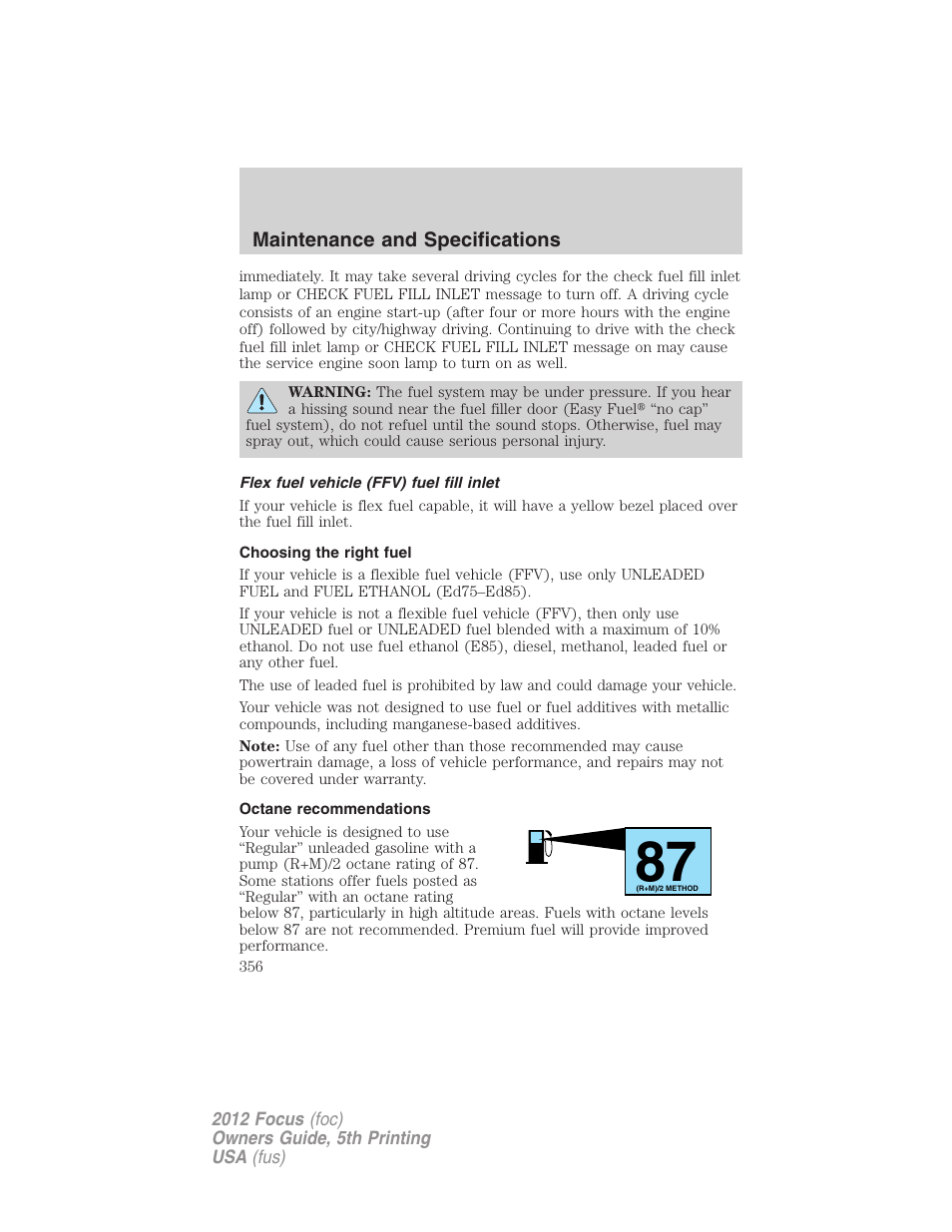 Flex fuel vehicle (ffv) fuel fill inlet, Choosing the right fuel, Octane recommendations | FORD 2012 Focus v.5 User Manual | Page 356 / 407