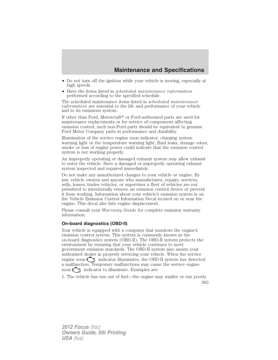 On-board diagnostics (obd-ii), Maintenance and specifications | FORD 2012 Focus v.5 User Manual | Page 363 / 407