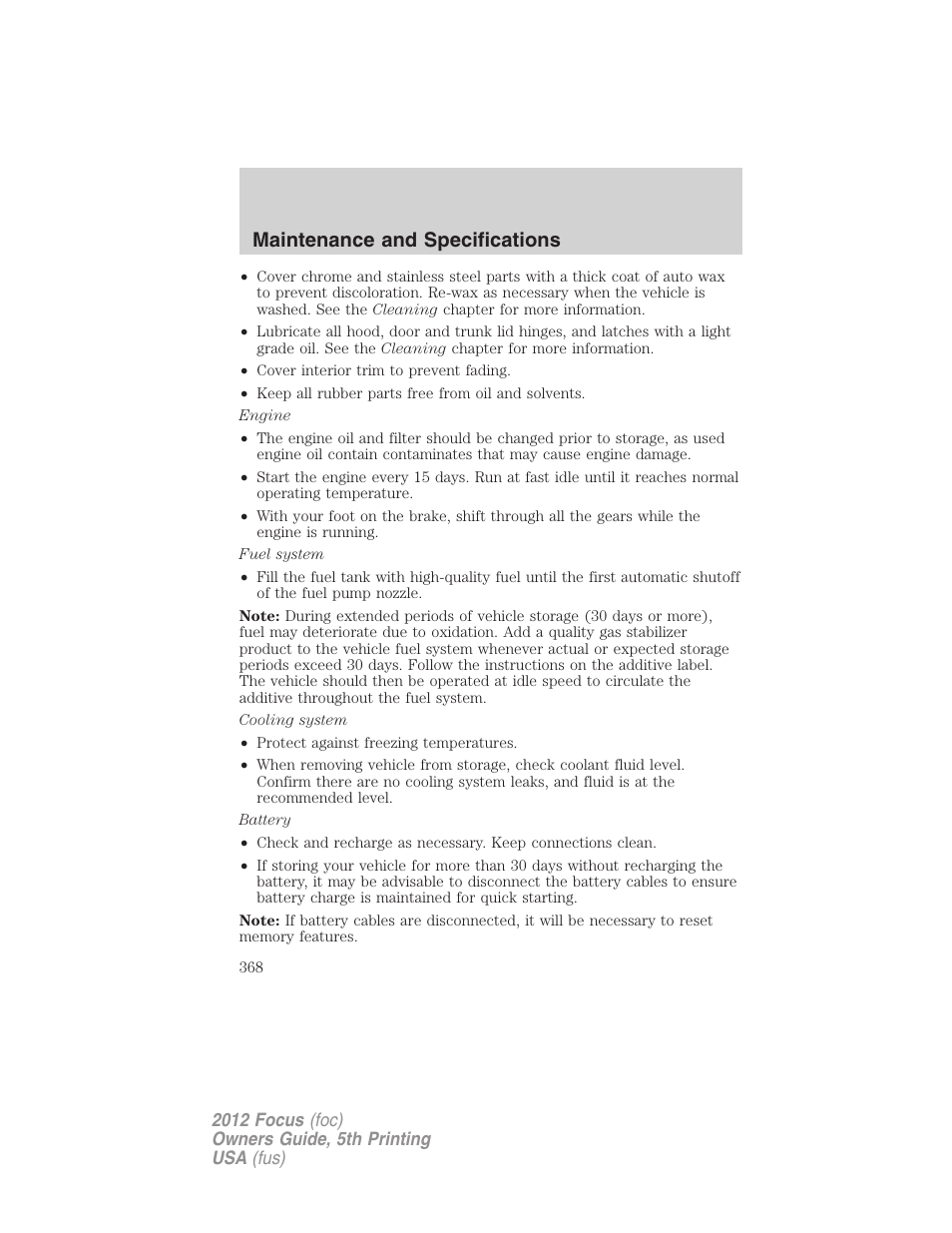 Maintenance and specifications | FORD 2012 Focus v.5 User Manual | Page 368 / 407