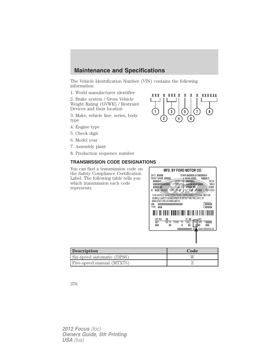 Transmission code designations, Maintenance and specifications | FORD 2012 Focus v.5 User Manual | Page 376 / 407