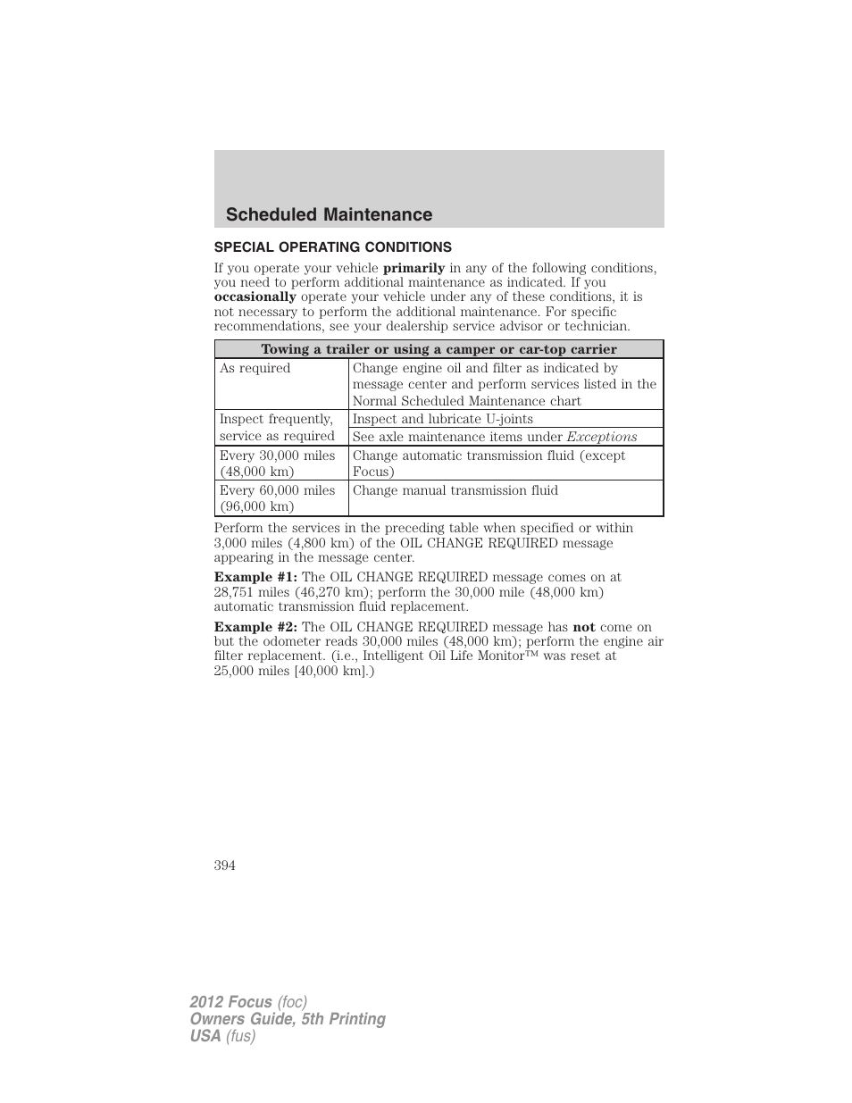 Special operating conditions, Scheduled maintenance | FORD 2012 Focus v.5 User Manual | Page 394 / 407