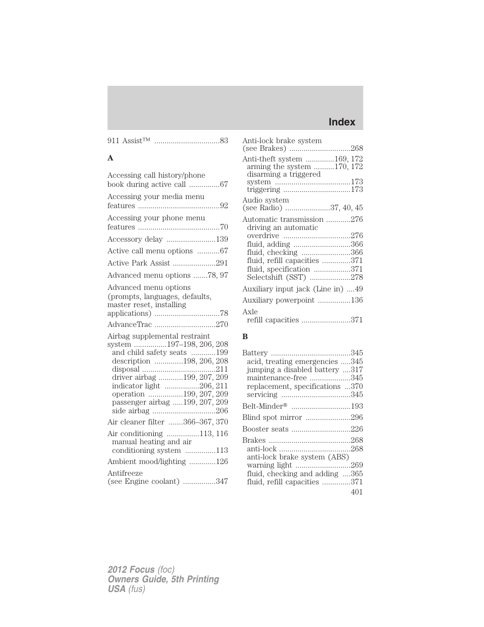 Index | FORD 2012 Focus v.5 User Manual | Page 401 / 407
