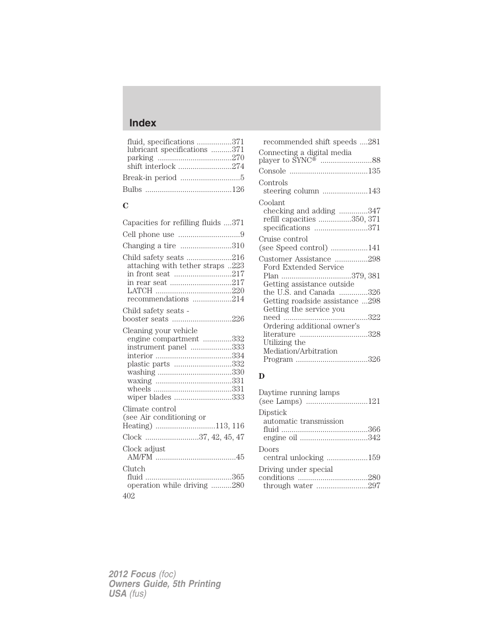 Index | FORD 2012 Focus v.5 User Manual | Page 402 / 407