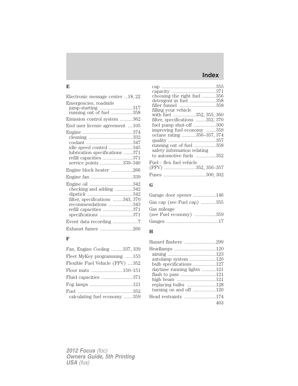 Index | FORD 2012 Focus v.5 User Manual | Page 403 / 407