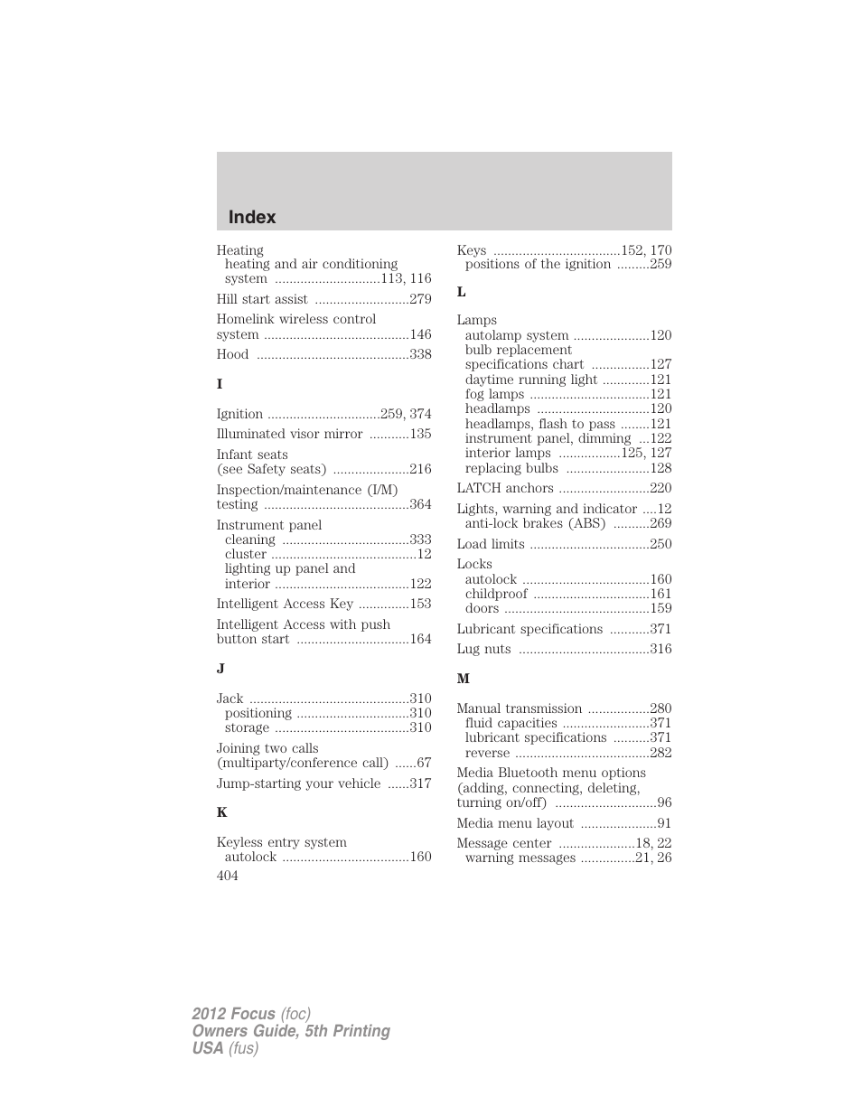 Index | FORD 2012 Focus v.5 User Manual | Page 404 / 407