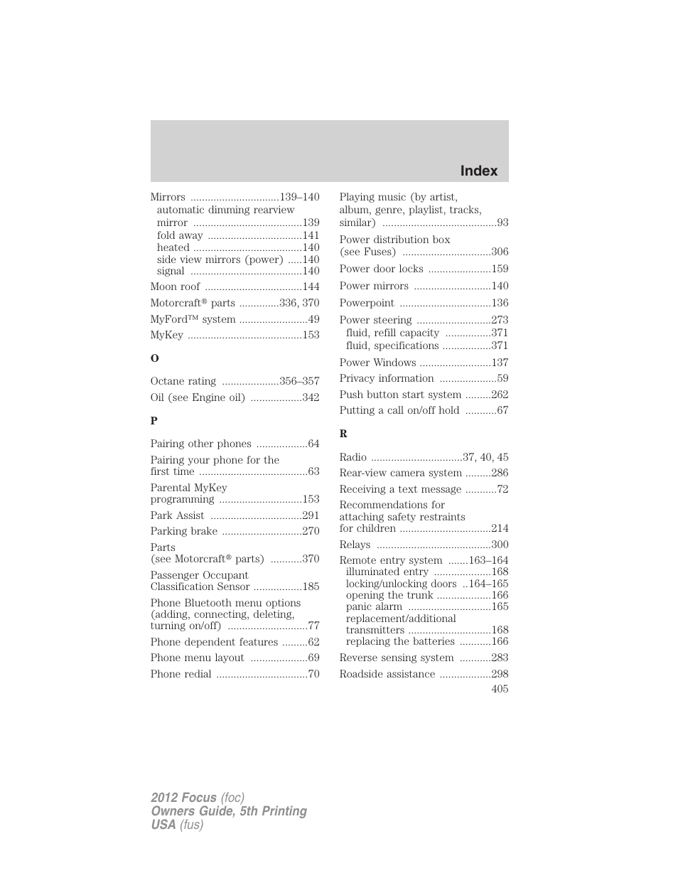 Index | FORD 2012 Focus v.5 User Manual | Page 405 / 407