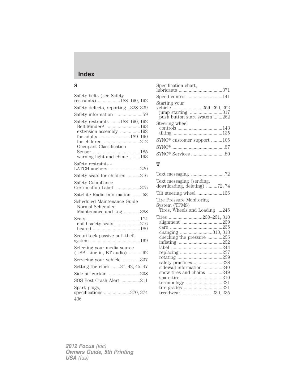 Index | FORD 2012 Focus v.5 User Manual | Page 406 / 407