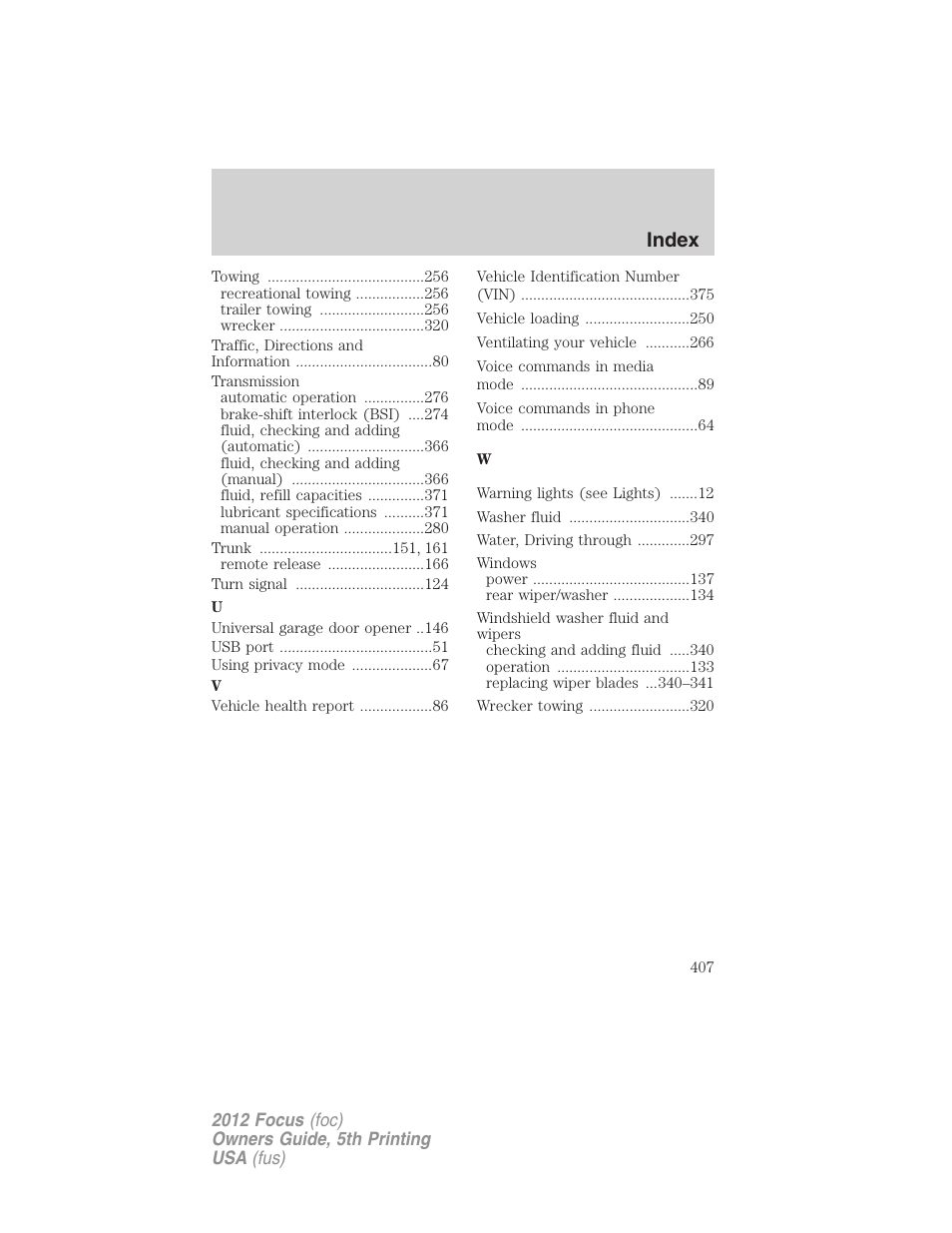 Index | FORD 2012 Focus v.5 User Manual | Page 407 / 407